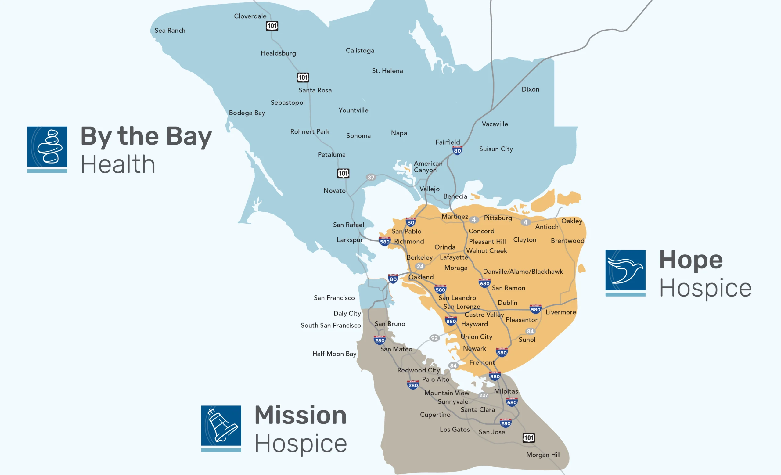 A service area map for By the Bay Health, Hope Hospice, and Mission Hospice.